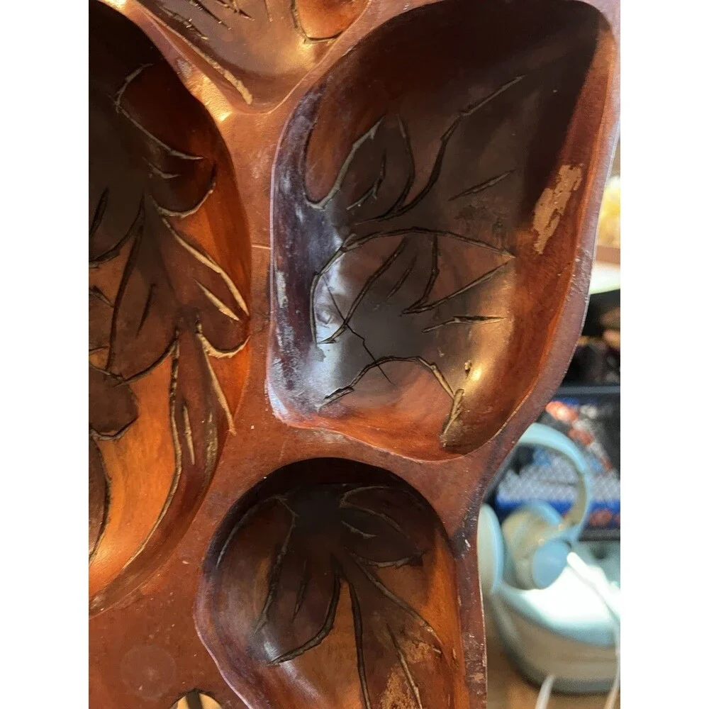 Hand Carved Wood Floral 6-Compartment Serving Tray, Brown Rustic 22 in